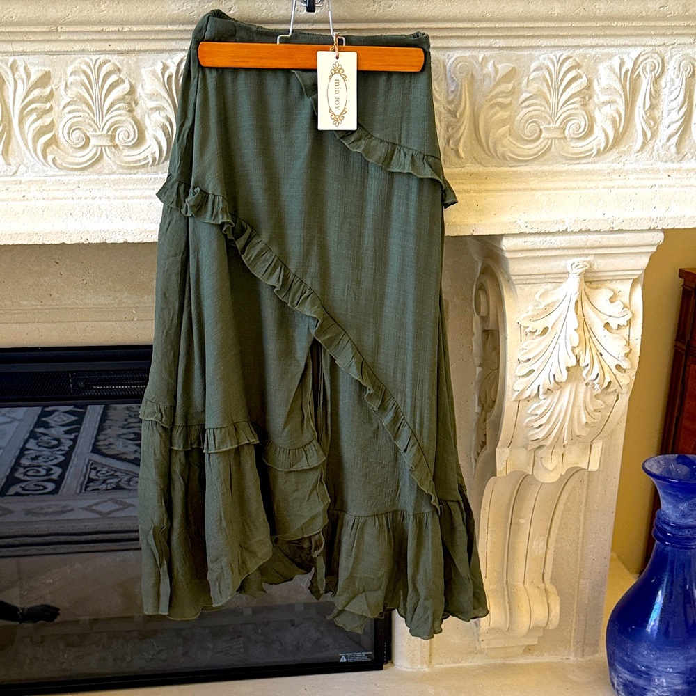 Joyfolie Olive Ruffle Midi Skirt